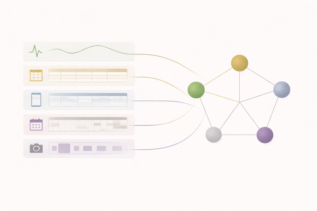 Health waveform, calendar grid, and app UI flowing into the Free60 diagnostic: three dimensions, one Freedom Index
